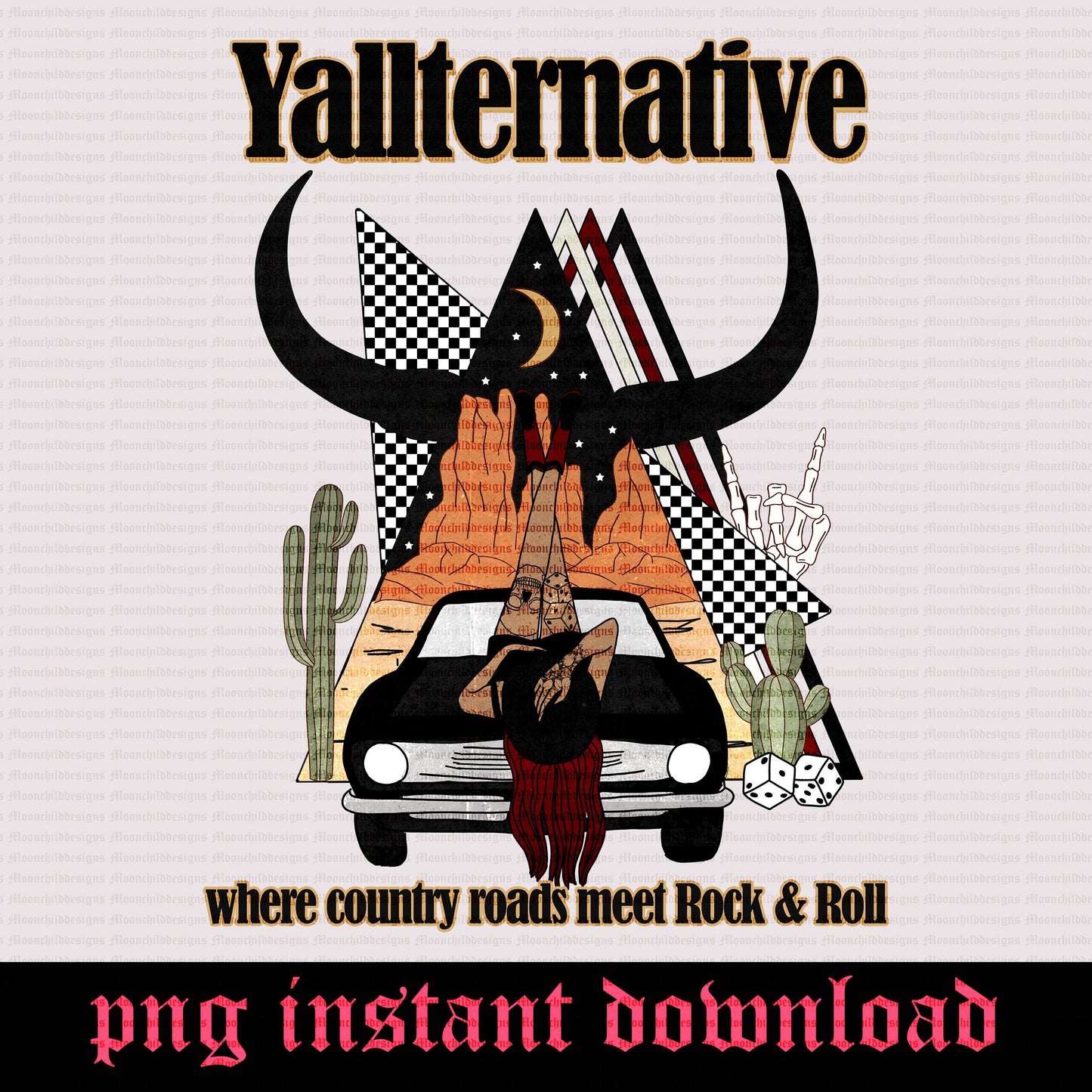 Yallternative Png Rock and Roll desert western design Yallternative cowgirl wild west dice checkered tshirt design Bull digital download