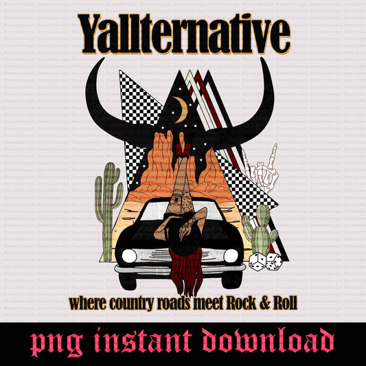 Yallternative Png Rock and Roll desert western design Yallternative cowgirl wild west dice checkered tshirt design Bull digital download