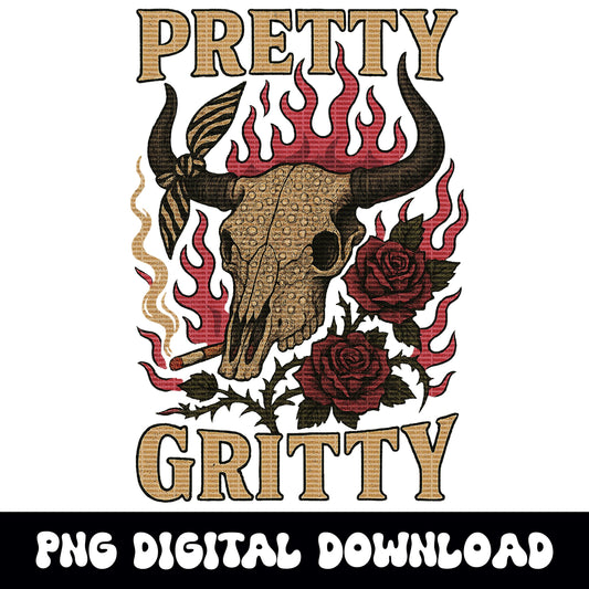 Edgy Western "pretty gritty" flaming cow skull and rose PNG graphic digital download for tshirt sublimation or dtf
