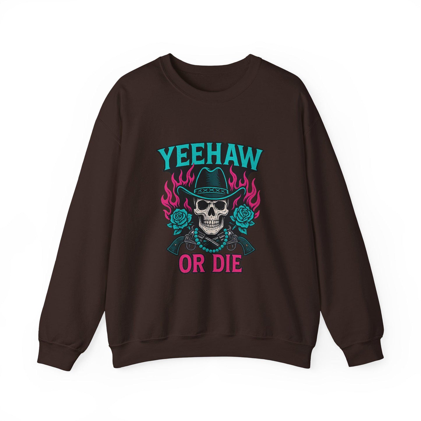 Western "yeehaw or die" flaming skull revolver rose turquoise png graphic INSTANT digital download for tshirt sublimation or dtf