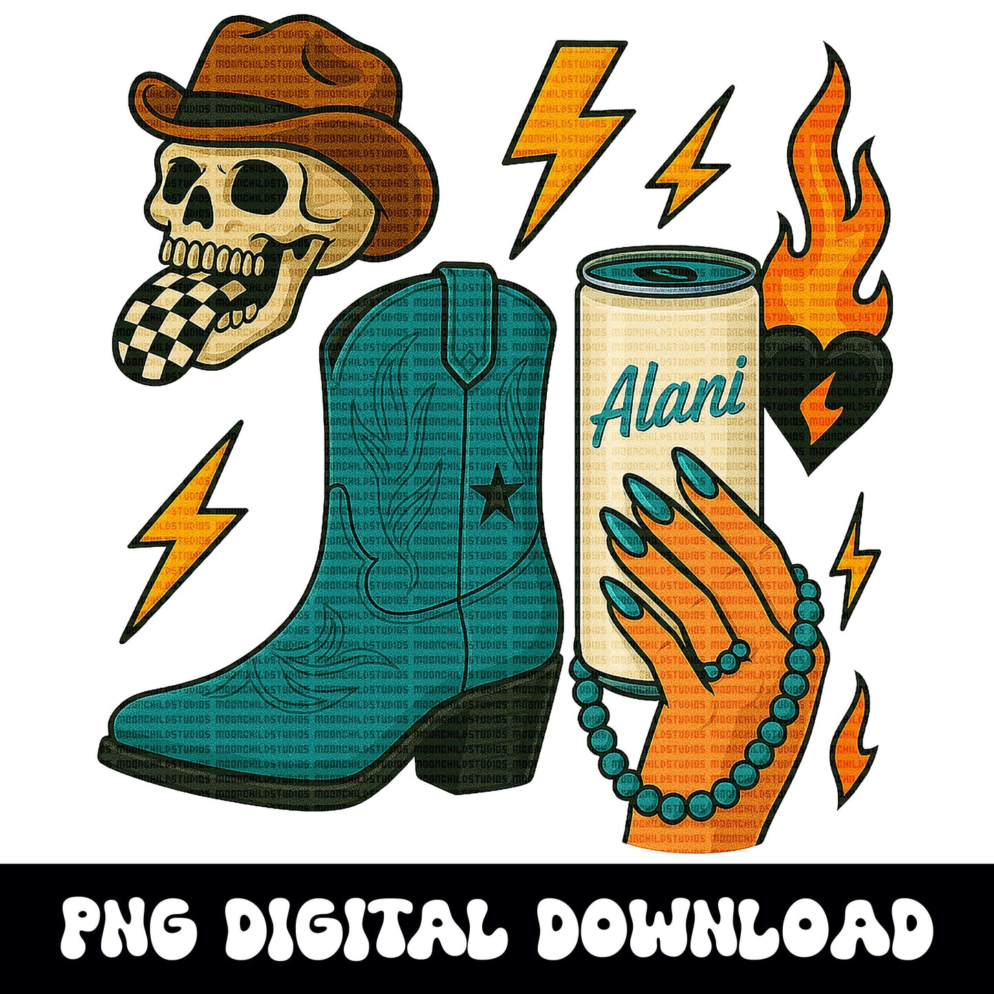 Edgy western yallternative alani cowgirl boot checkered tongue skull turquoise png graphic digital download for sublimation and dtf