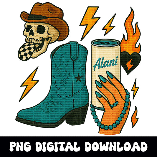 Edgy western yallternative alani cowgirl boot checkered tongue skull turquoise png graphic digital download for sublimation and dtf