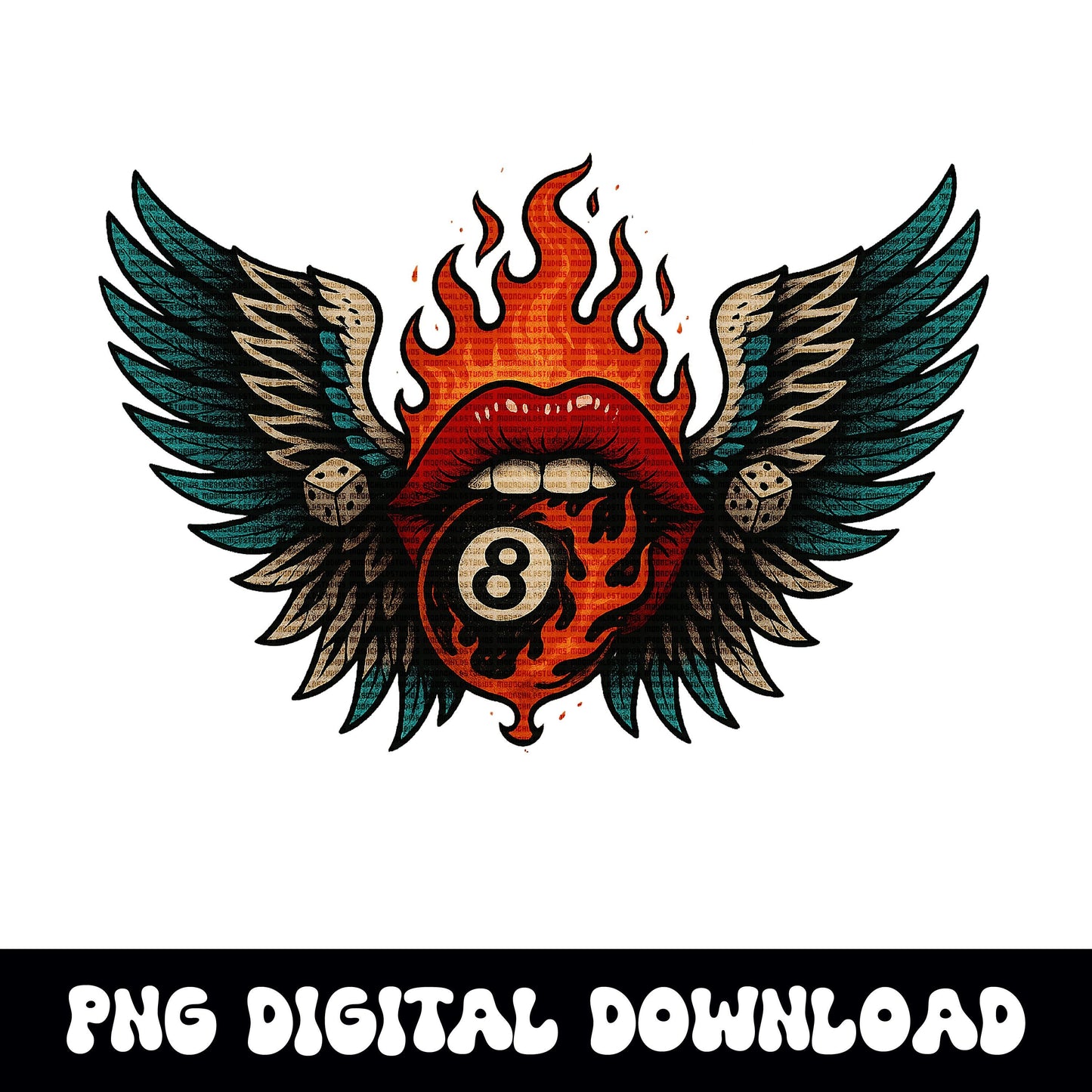 Flaming 8ball mouth and wing PNG graphic INSTANT digital download for tshirt sublimation or dtf