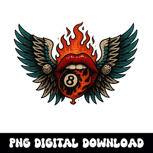 Flaming 8ball mouth and wing PNG graphic INSTANT digital download for tshirt sublimation or dtf