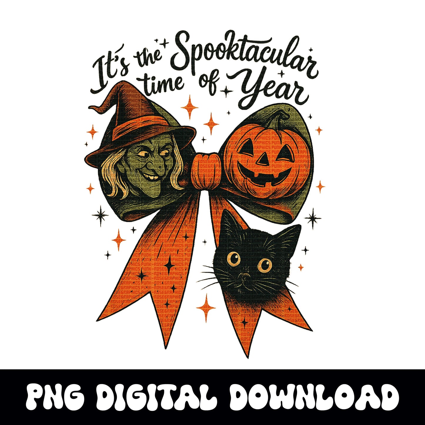 Spooky witch pumpkin cat bow PNG graphic INSTANT digital download for tshirt sublimation or dtf