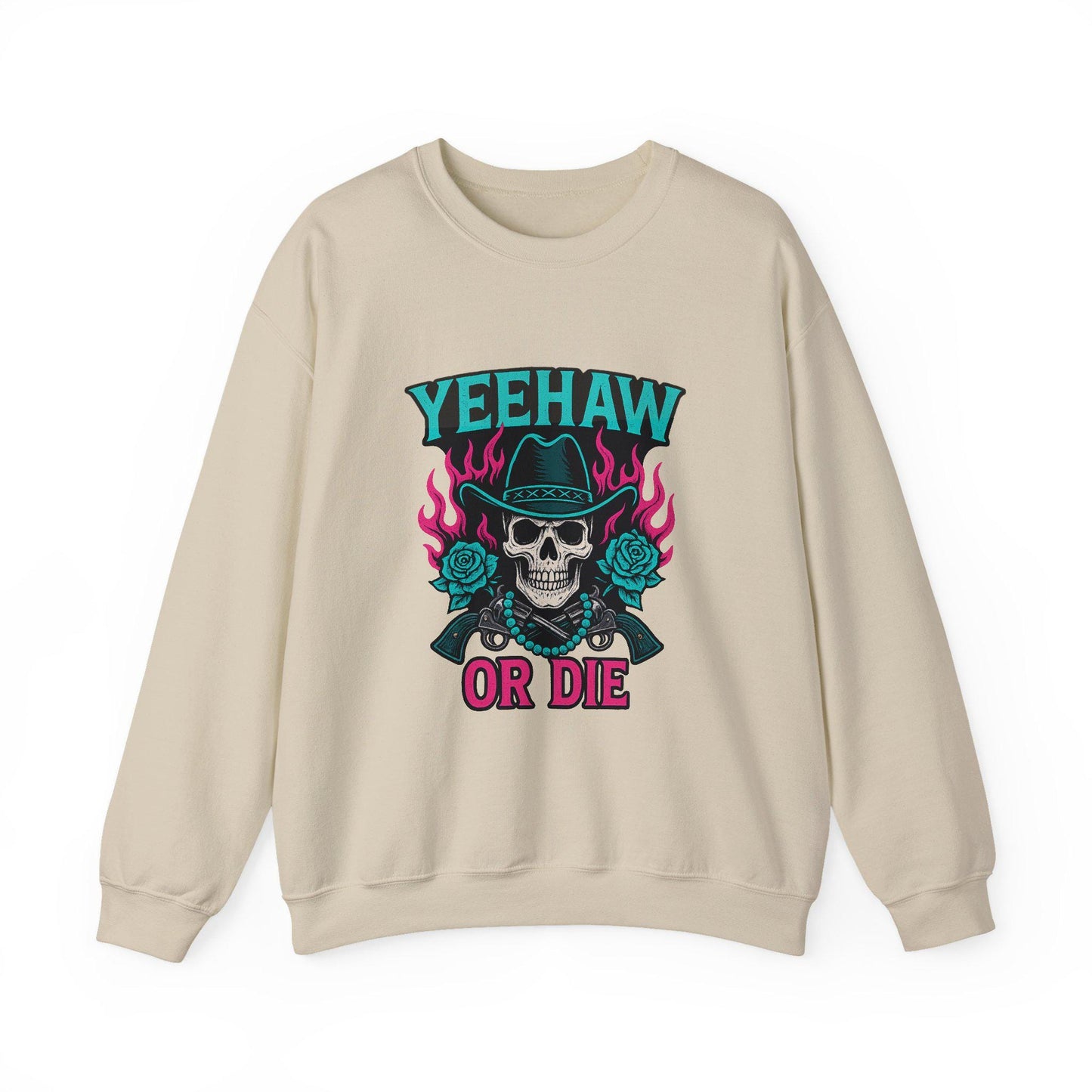 Western "yeehaw or die" flaming skull revolver rose turquoise png graphic INSTANT digital download for tshirt sublimation or dtf