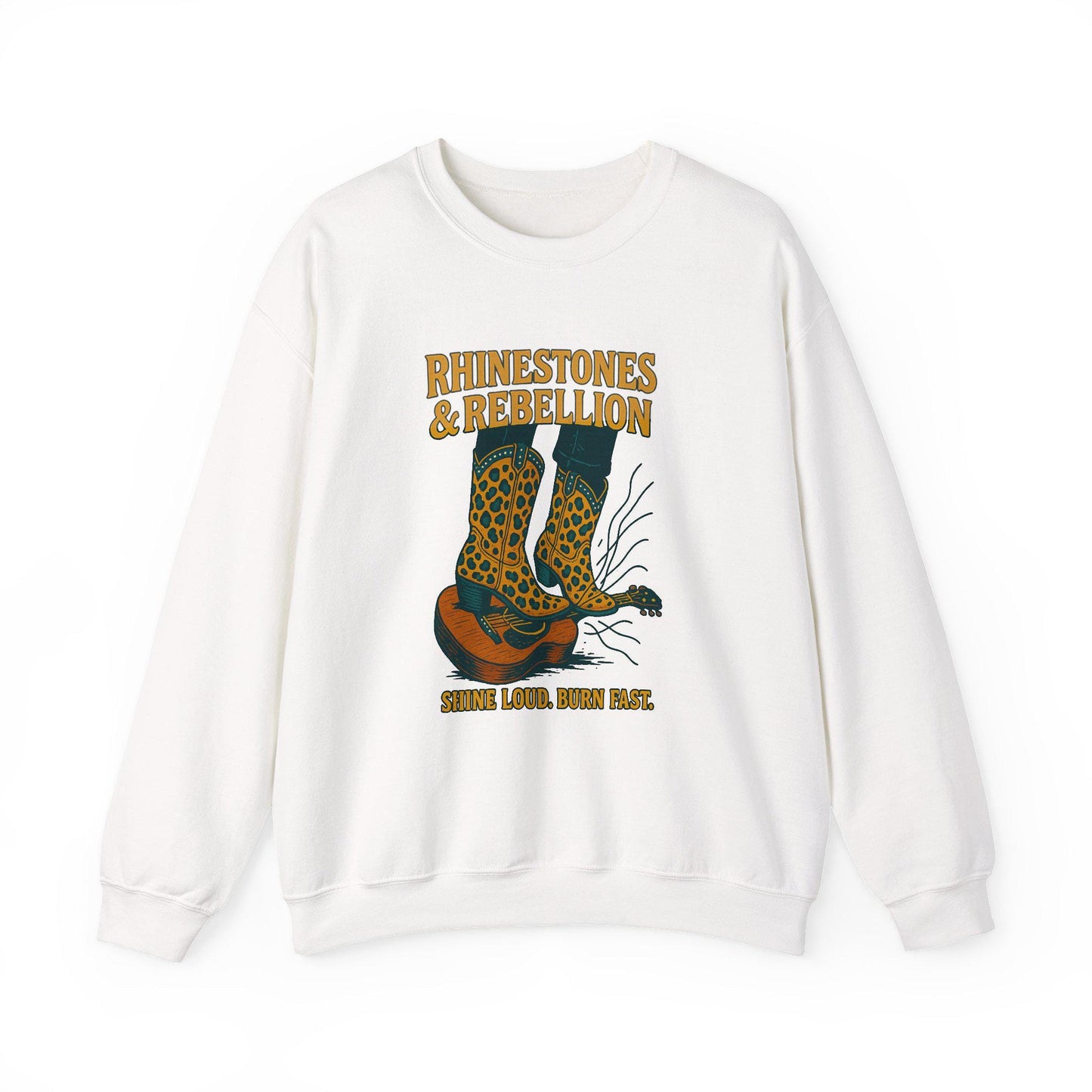 Western "Rhinestones & rebellion" cheetah print cowgirl boots and guitar PNG graphic INSTANT digital download for tshirt sublimation or dtf