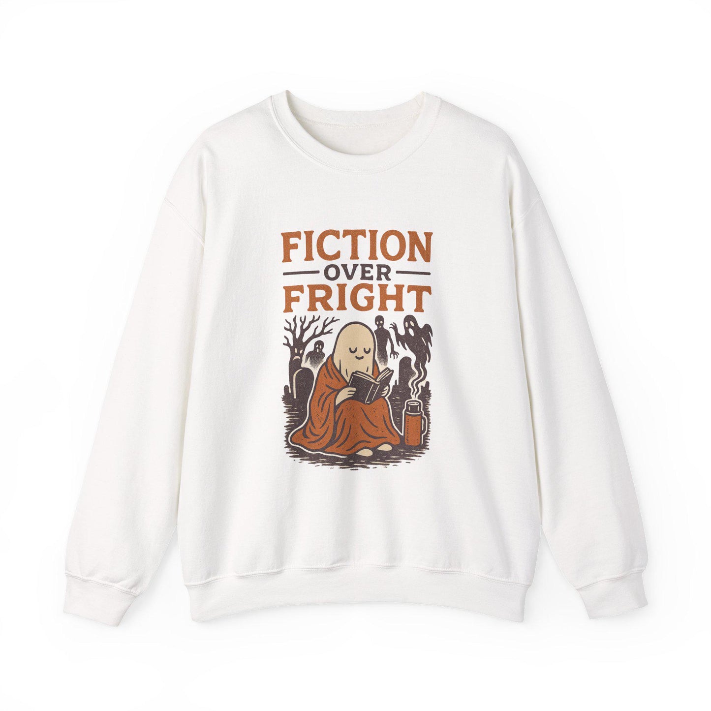 Vintage halloween "fiction over fright" spooky ghost with book graveyard PNG graphic digital download for tshirt sublimation or dtf