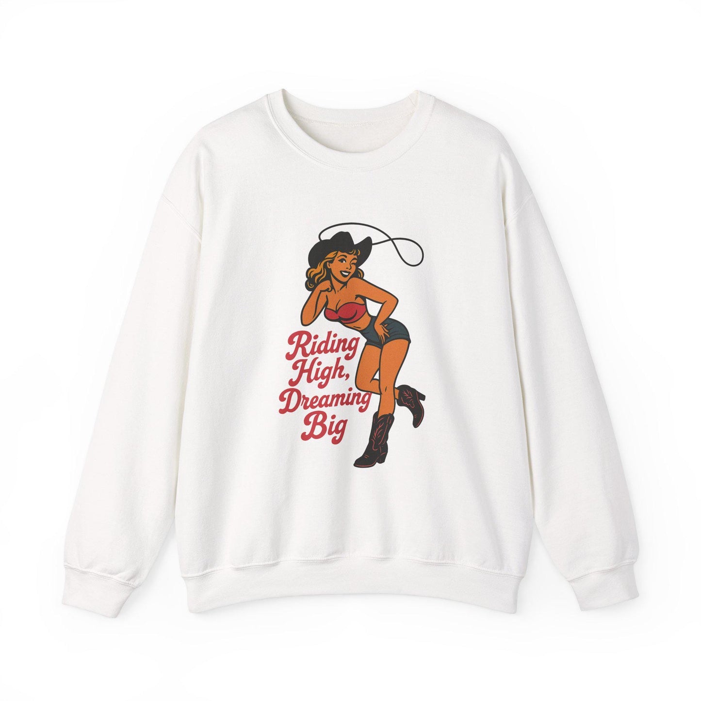 Riding high dreaming big western pinup cowgirl png graphic digital download for sublimation and dtf