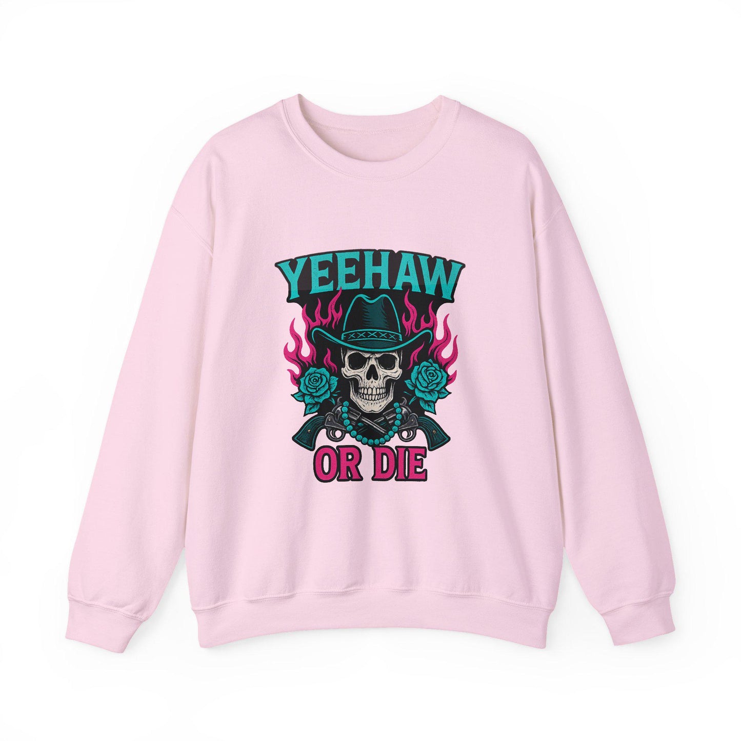 Western "yeehaw or die" flaming skull revolver rose turquoise png graphic INSTANT digital download for tshirt sublimation or dtf