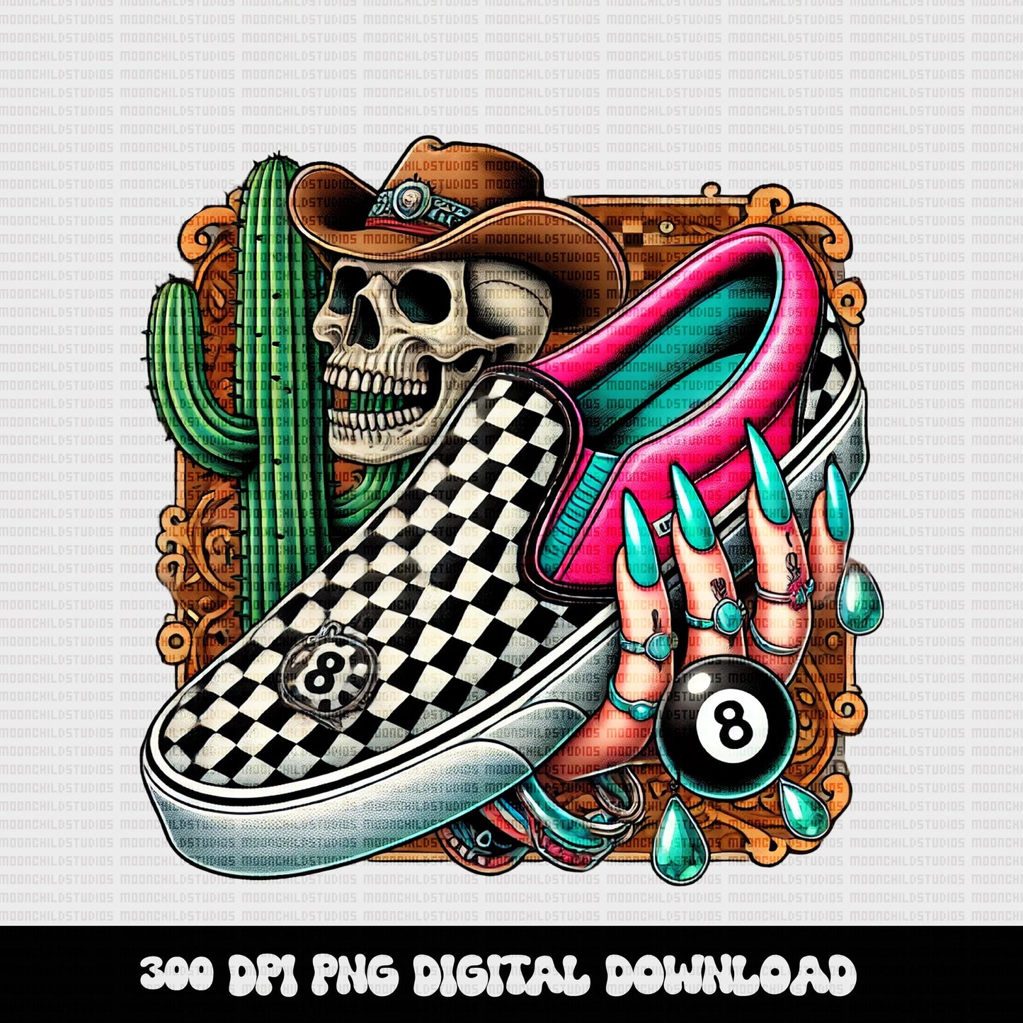 YALLTERNATIVE vans skull western punk edgy desert 8ball turquoise cowgirl grunge design png digital download for sublimation or dtf