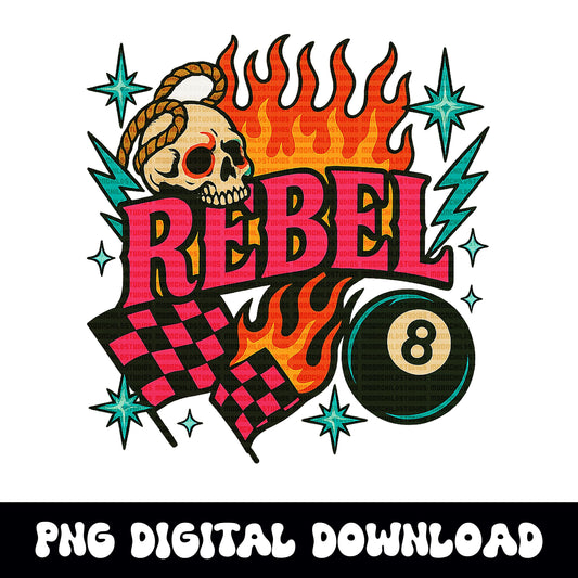 Edgy yallternative flaming rebel skull 8ball PNG graphic INSTANT digital download for tshirt sublimation or dtf