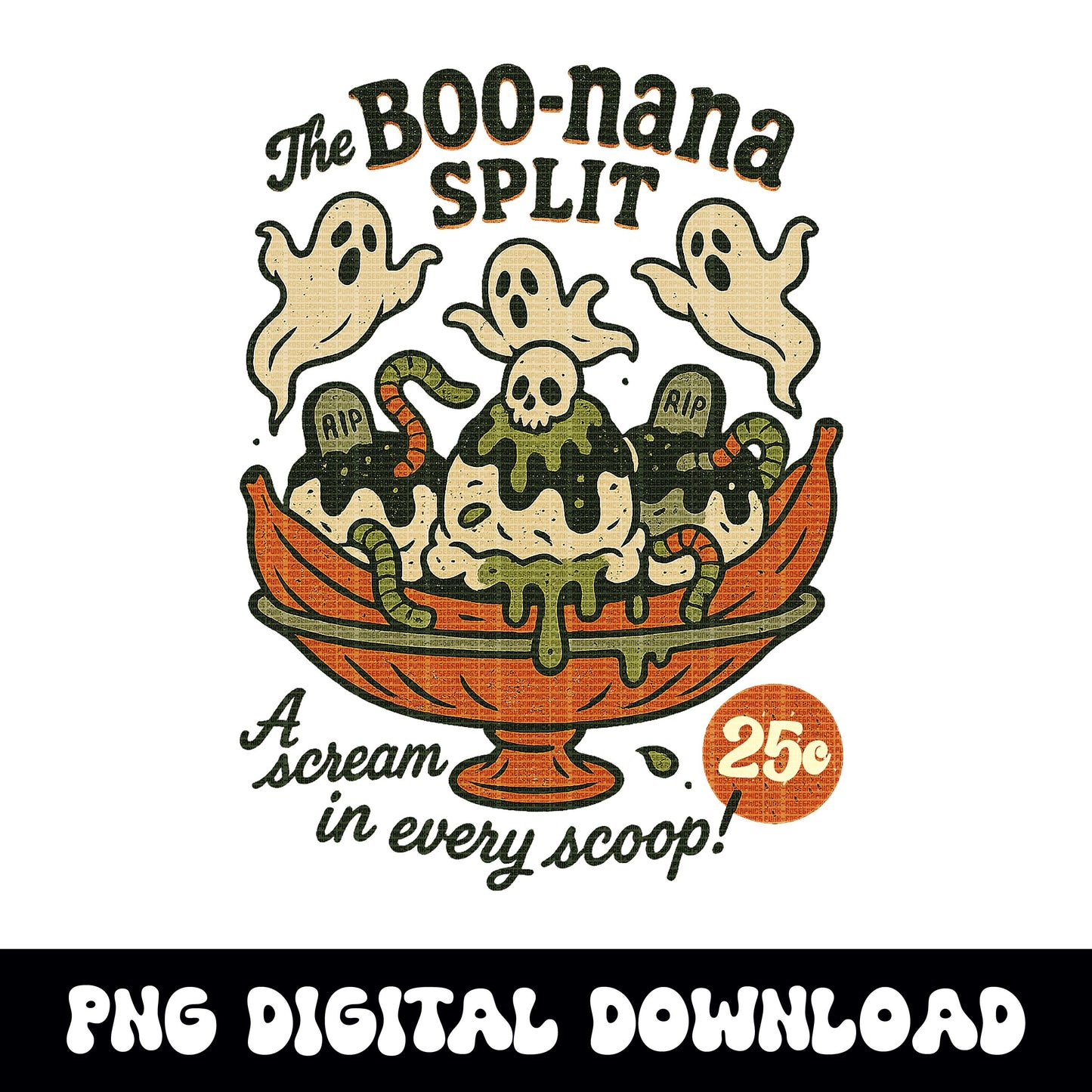 Vintage halloween icecream "boo-nana split" PNG graphic digital download for tshirt sublimation or dtf