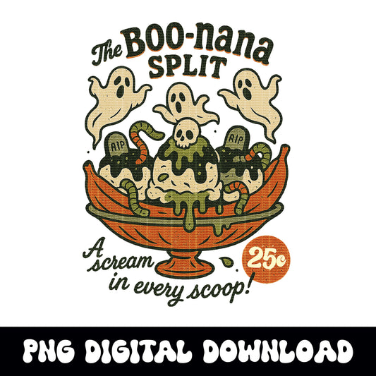 Vintage halloween icecream "boo-nana split" PNG graphic digital download for tshirt sublimation or dtf