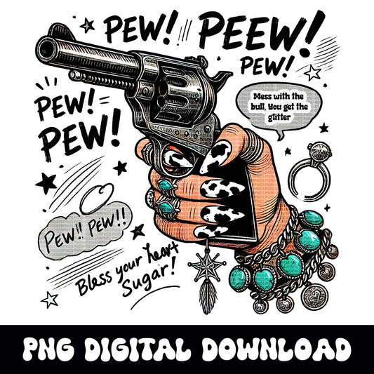 Mess with the bull, you get the glitter" Western turquoise cow print cowgirl comic book style INSTANT png download for sublimation or dtf