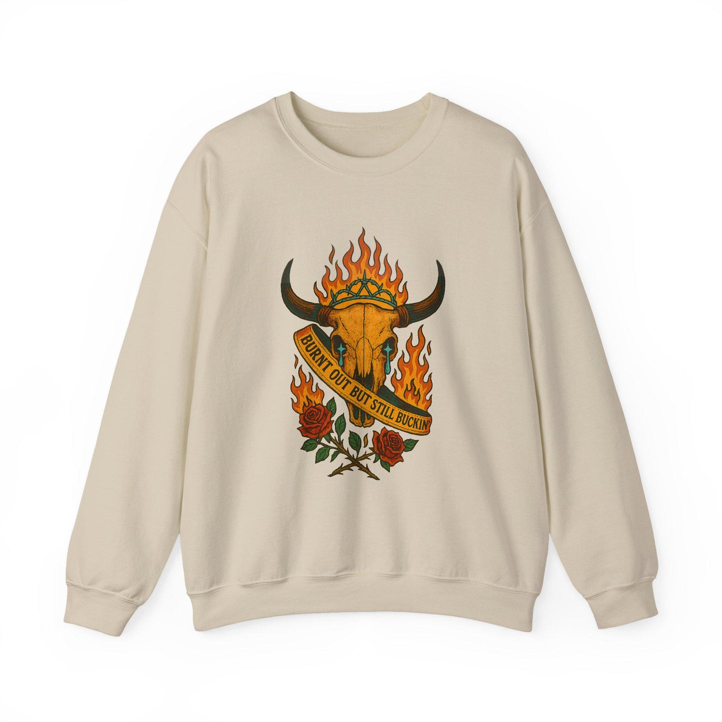 Edgy Western pageant flaming bull skull "burnt out but still buckin" png graphic INSTANT digital download for tshirt sublimation or dtf