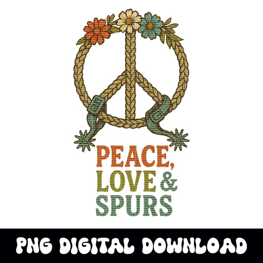 Western "peace love & spurs" hippie lasso peace sign INSTANT png digital download for tshirt sublimation or dtf