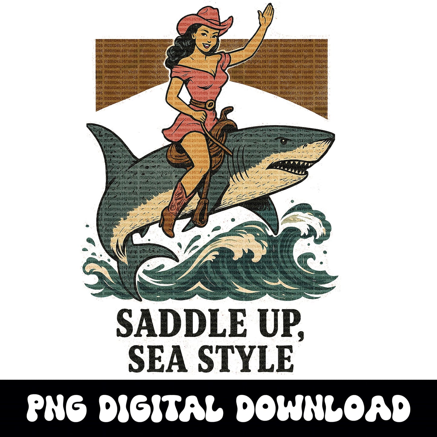 Western Summer pinup cowgirl on shark png graphic digital download for sublimation or dtf