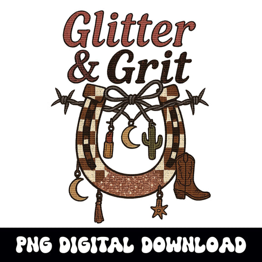 Western glitter and grit horseshoe cowgirl charms png graphic INSTANT digital download for tshirt sublimation or dtf