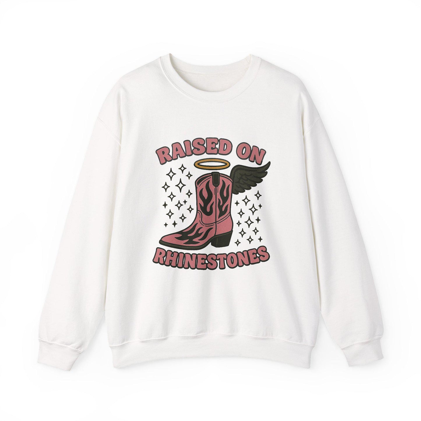 Western "raised on rhinestones" cowgirl boot wing png graphic INSTANT digital download for tshirt sublimation or dtf