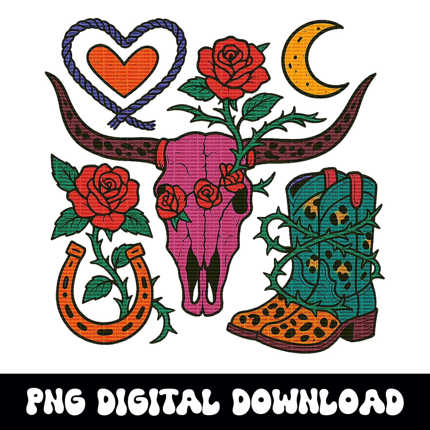 Western bull cowgirl boots rose horse shoe moon heart collage png graphic INSTANT digital download for tshirt sublimation or dtf