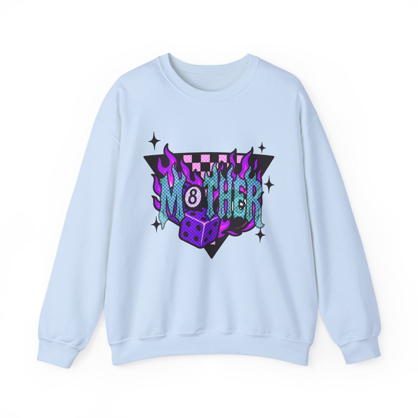 Mother Dice Graphic Sweatshirt — Retro Neon Gaming Crewneck
