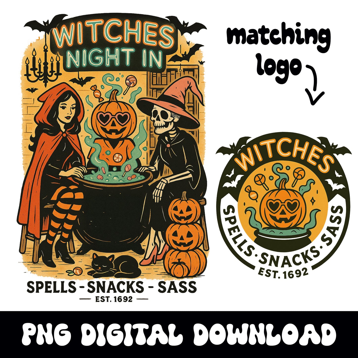 Spooky halloween "witches night in" vintage retro PNG graphic digital download for tshirt sublimation or dtf