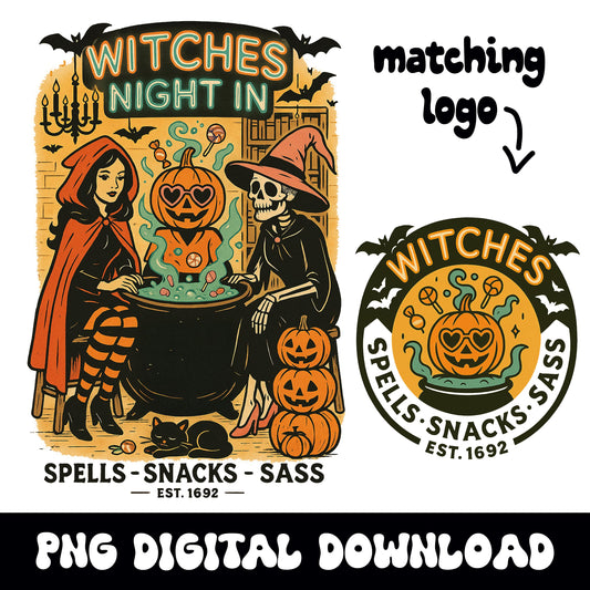 Spooky halloween "witches night in" vintage retro PNG graphic digital download for tshirt sublimation or dtf