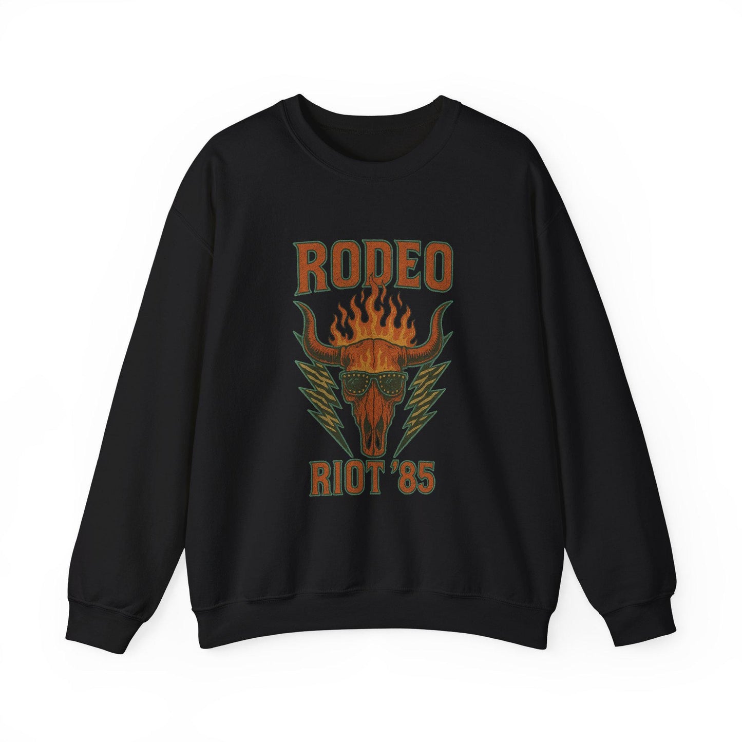 Western 80s band tee inspired "Rodeo Riot" flaming bull skull lightning PNG graphic INSTANT digital download for tshirt sublimation or dtf