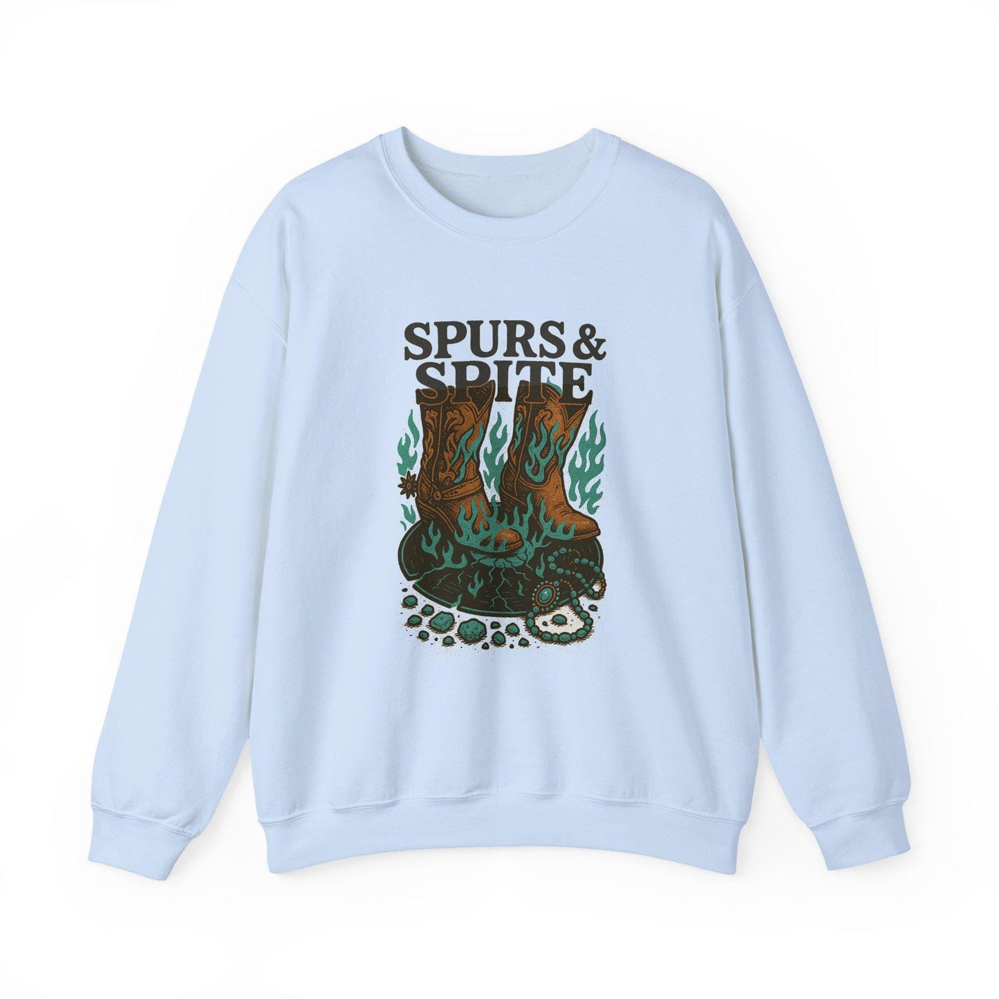 Edgy Western "spurs & spite" cowgirl boots broken record flame turquoise png graphic digital download for tshirt sublimation or dtf