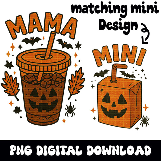 Halloween "MAMA" & "MINI" matching coffee and juice PNG graphic instant digital downloads for tshirt sublimation or dtf