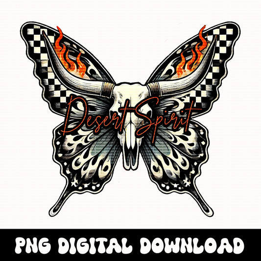 Yallternative edgy grunge western flame desert spirit checkered butterfly graphic sublimation or dtf design PNG