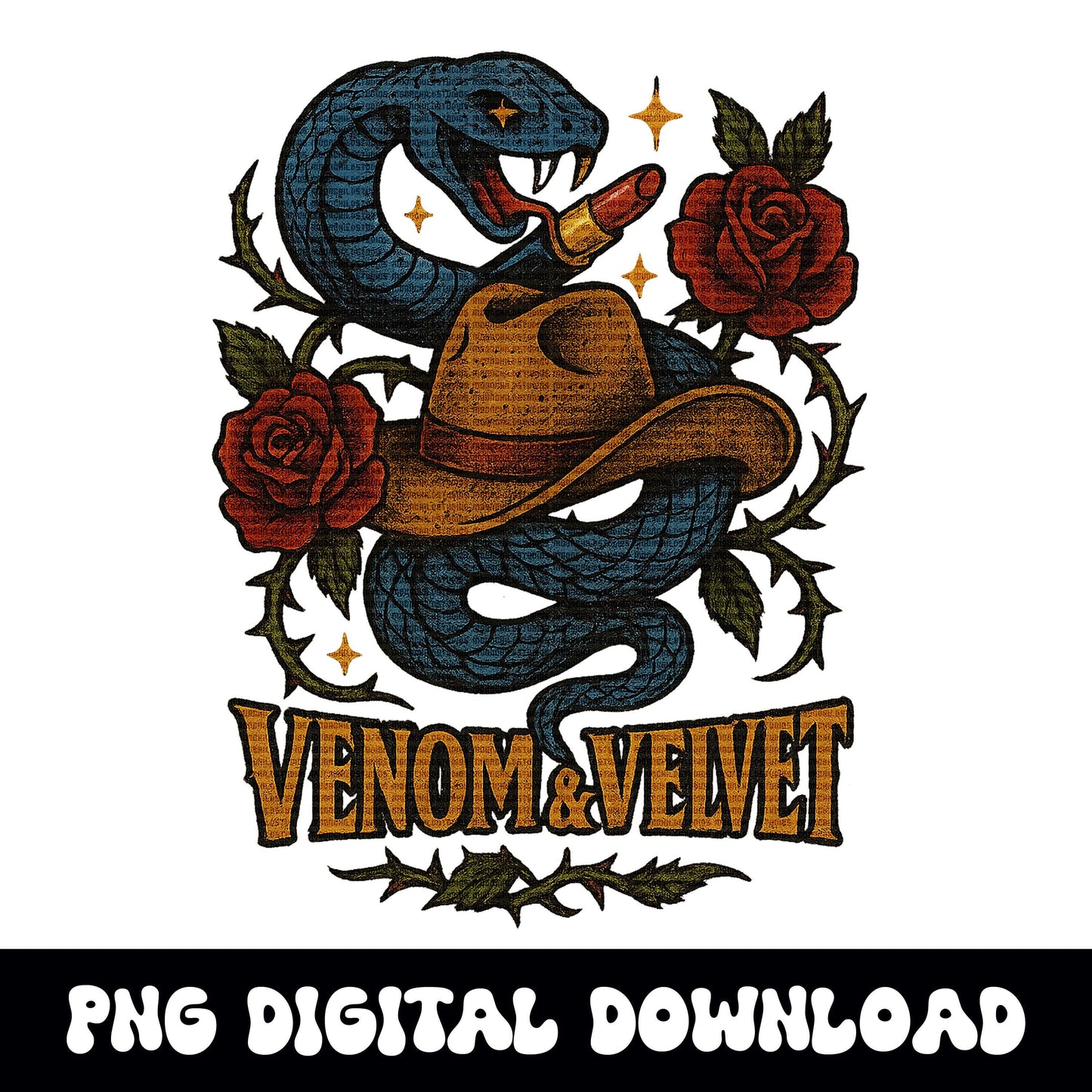Edgy Western venom & velvet snake cowgirl hat lipstick rose vine png graphic INSTANT digital download for tshirt sublimation or dtf
