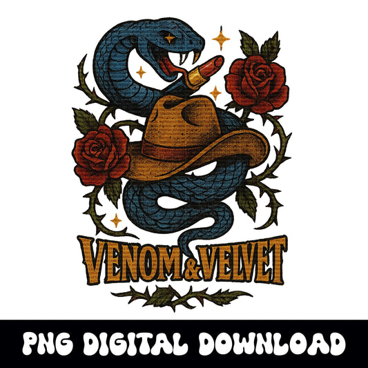 Edgy Western venom & velvet snake cowgirl hat lipstick rose vine png graphic INSTANT digital download for tshirt sublimation or dtf