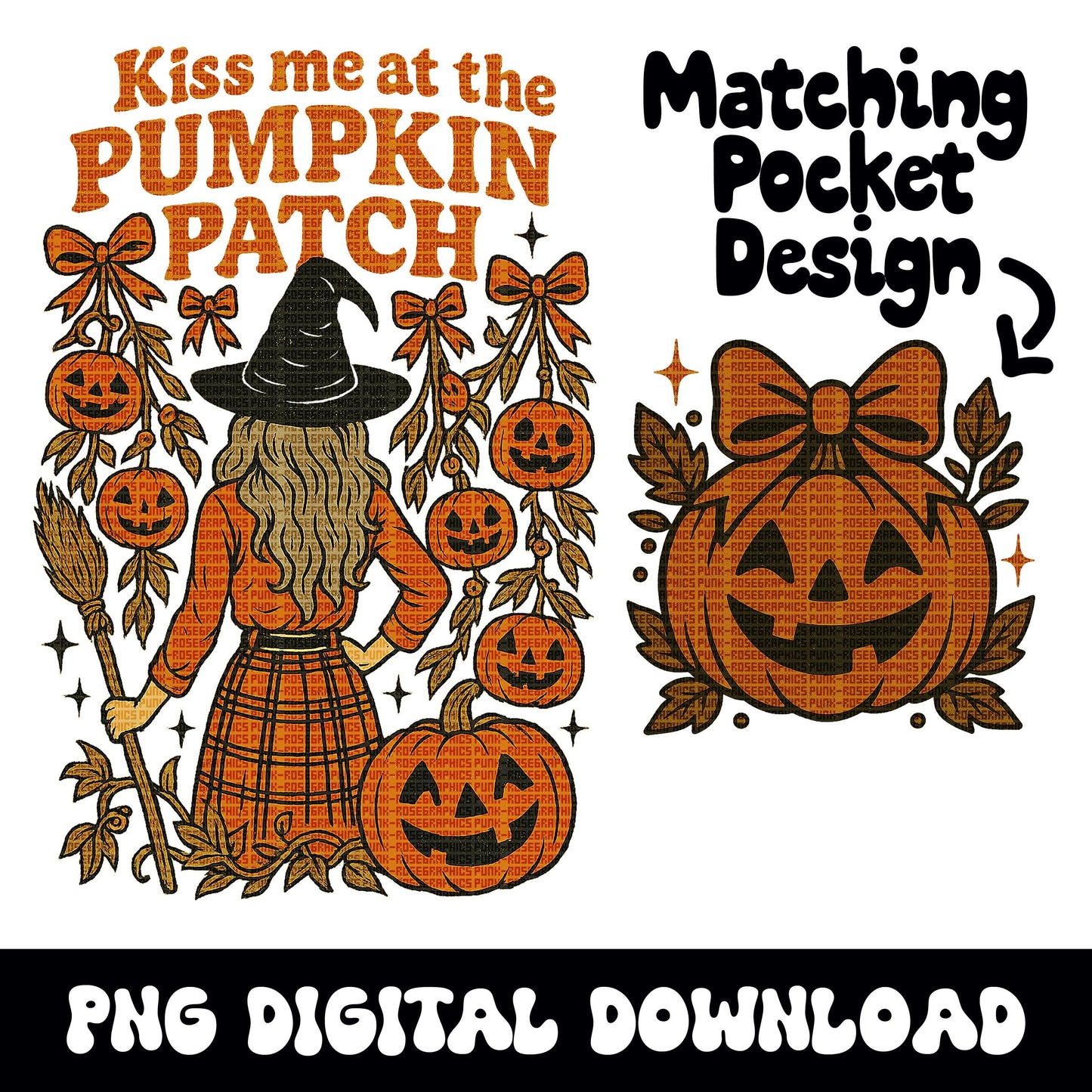 Halloween "kiss me at the pumpkin patch" witch PNG graphic digital downloads for tshirt sublimatiion or dtf
