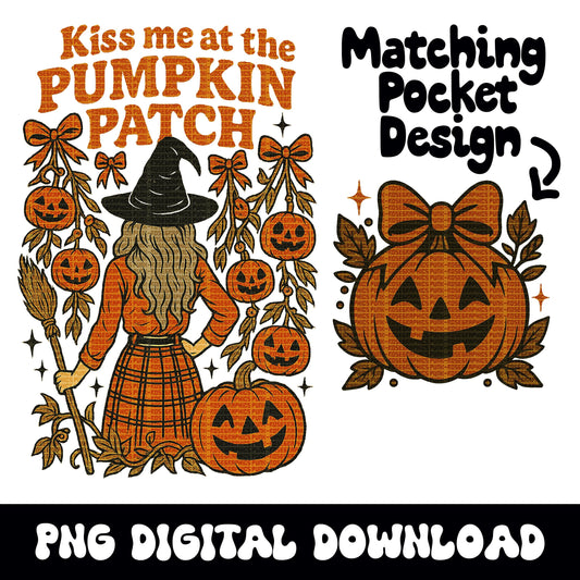 Halloween "kiss me at the pumpkin patch" witch PNG graphic digital downloads for tshirt sublimatiion or dtf