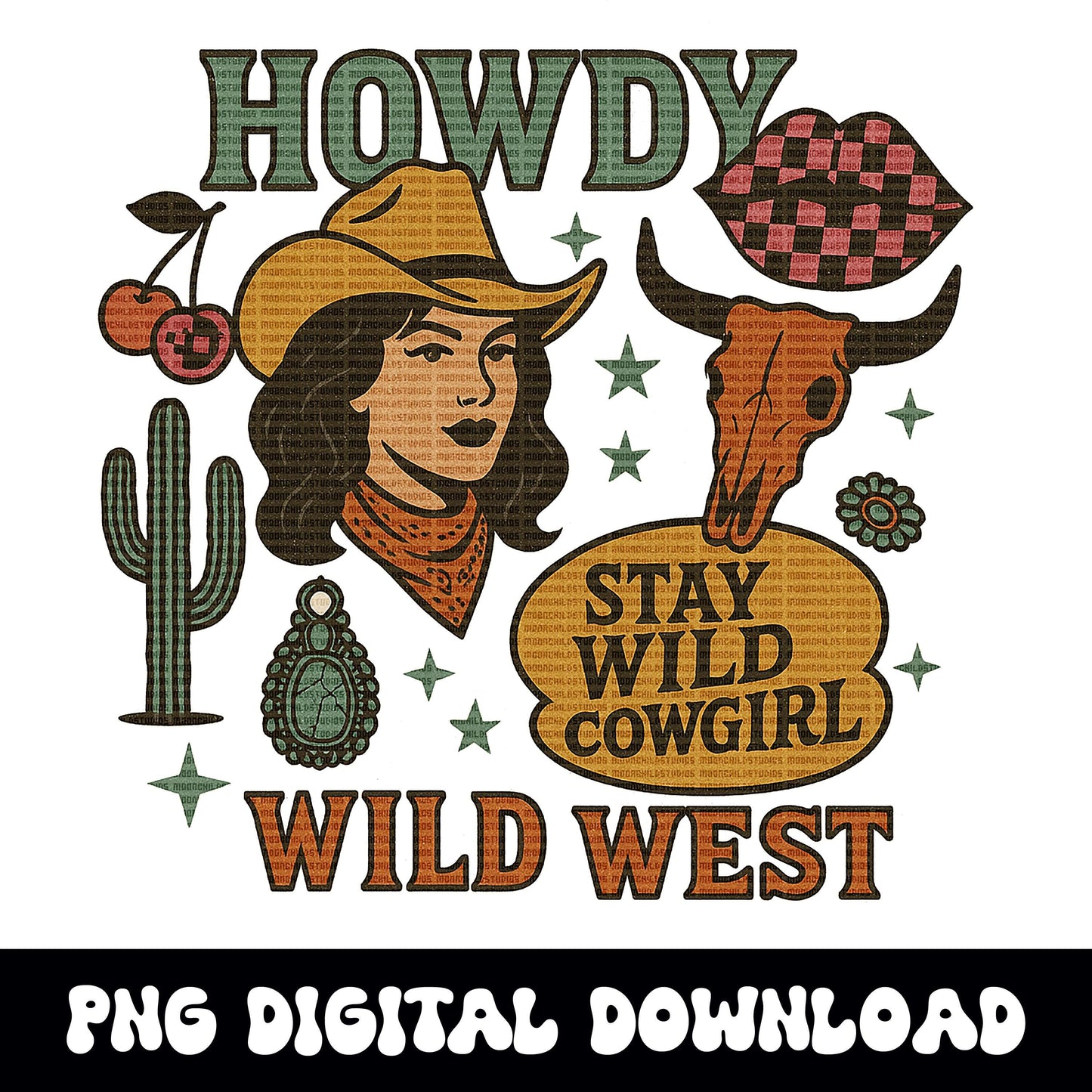 Western cowgirl collage retro cowgirl howdy wild west bull skull turquoise cherry png graphic for sublimation or dtf