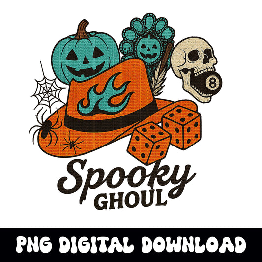 Western halloween cowgirl pumpkin turquoise dice 8ball skull PNG graphic INSTANT digital download for tshirt sublimation or dtf