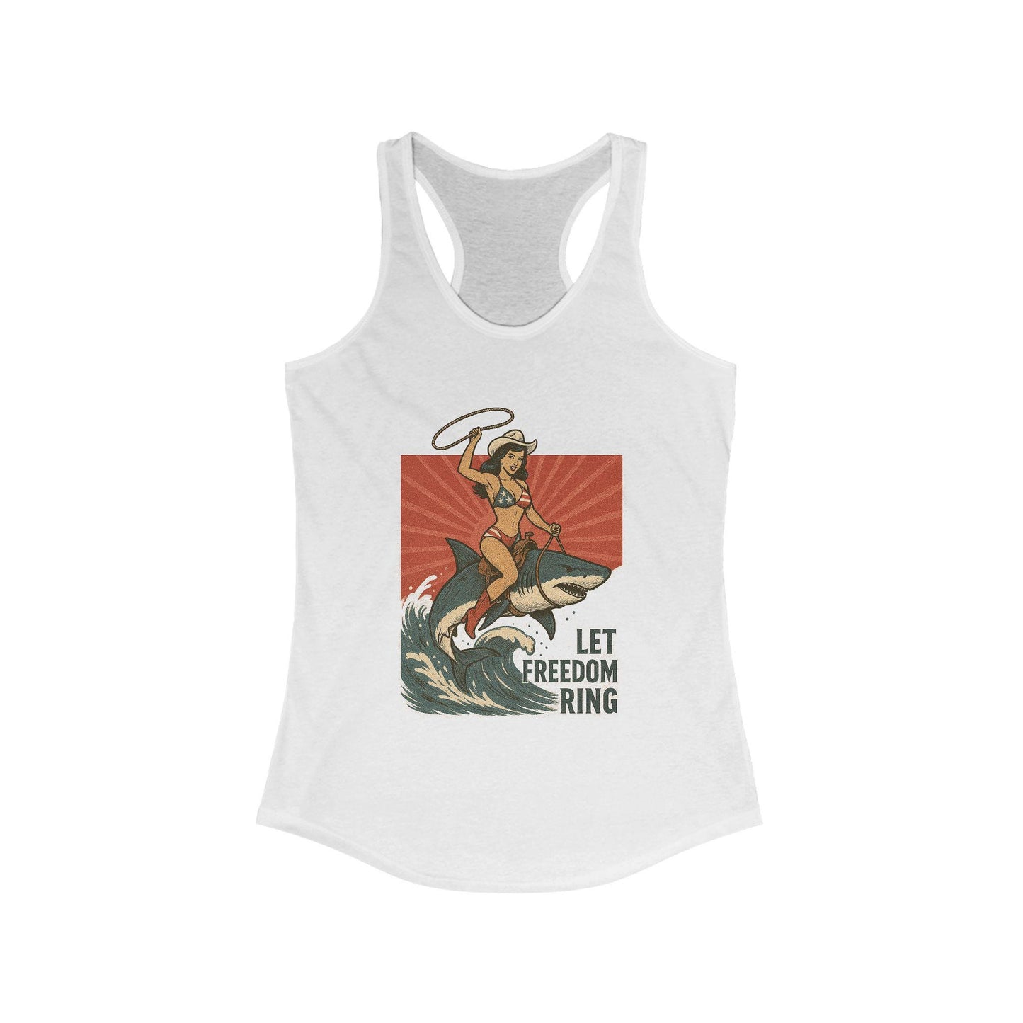 Western summer Independence day pinup cowgirl on shark beach design png graphic digital download for sublimation or dtf