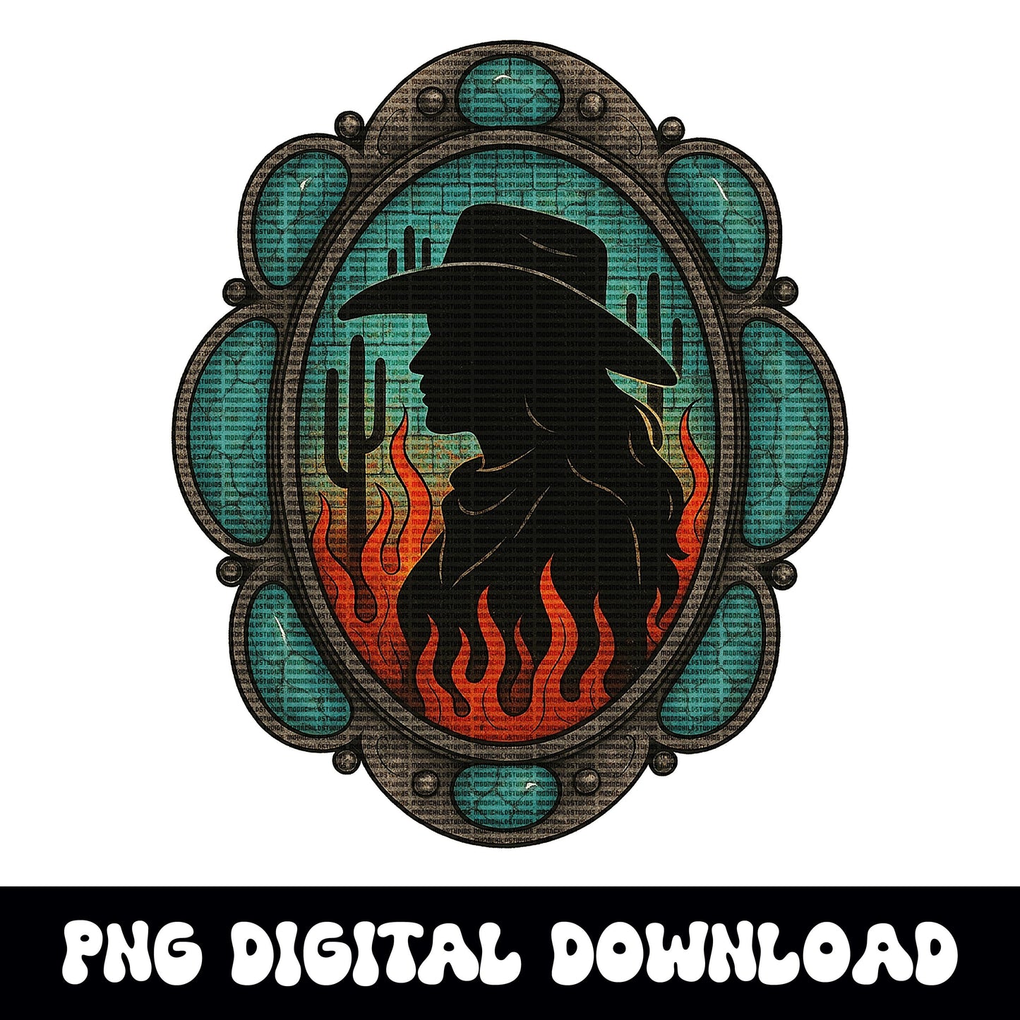 Western desert cowgirl silhouette turquoise ring png graphic digital download for sublimation or dtf