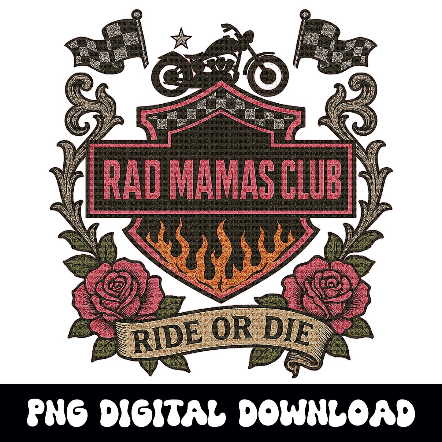 Rad mamas club biker checkered edgy rose png graphic digital download for tshirt sublimation or dtf