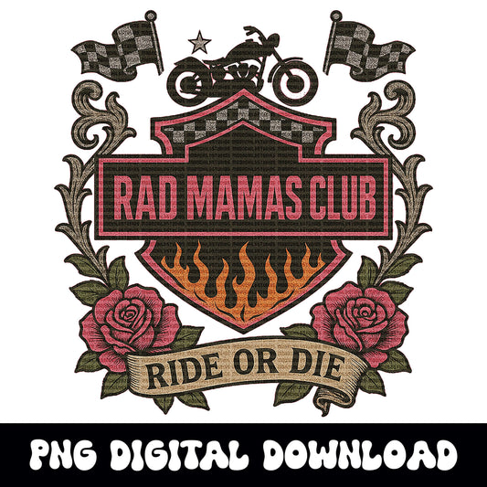Rad mamas club biker checkered edgy rose png graphic digital download for tshirt sublimation or dtf