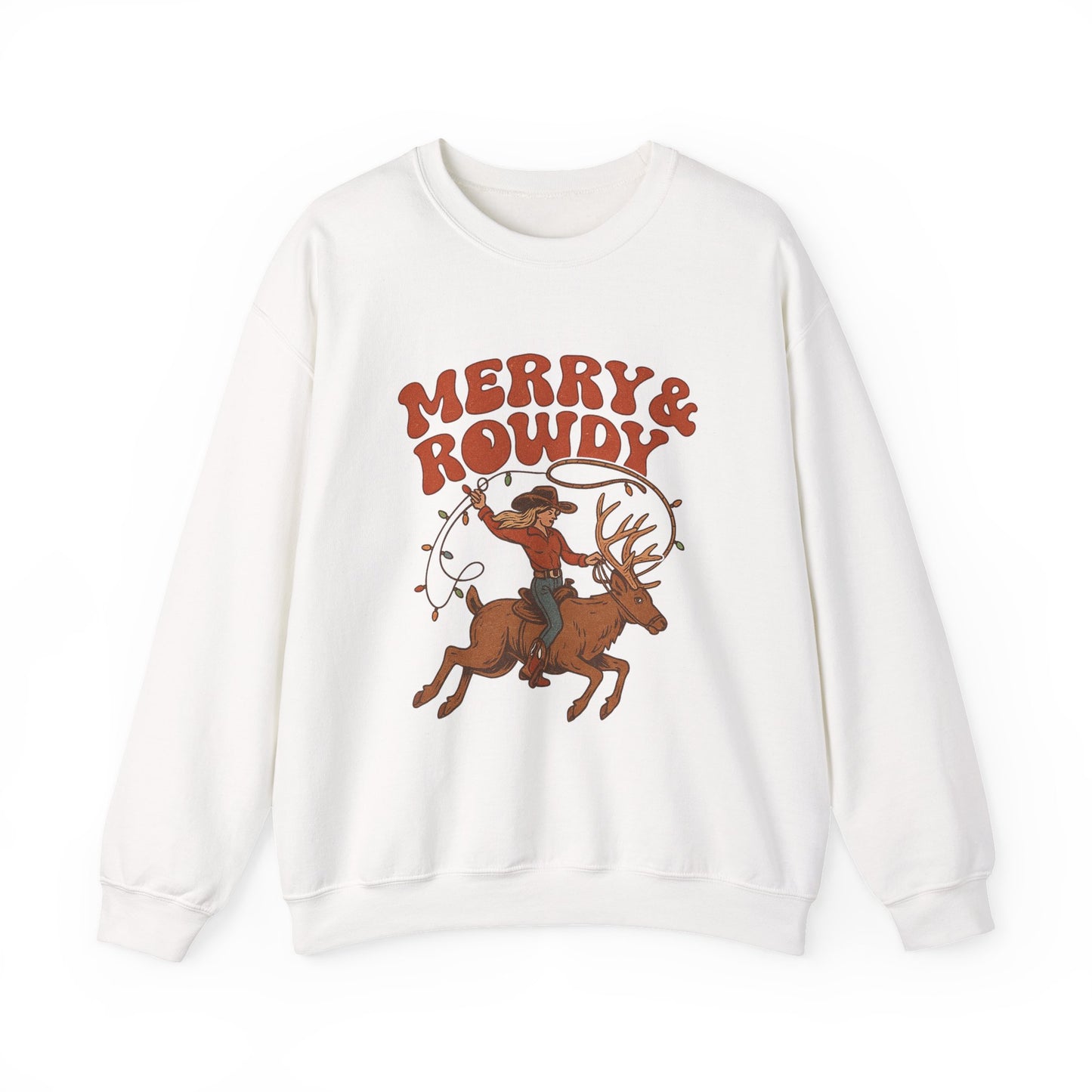 Merry & Rowdy Christmas PNG | Western Cowgirl Riding Reindeer | Retro Rodeo Christmas Shirt Design | Country Christmas Sublimation |