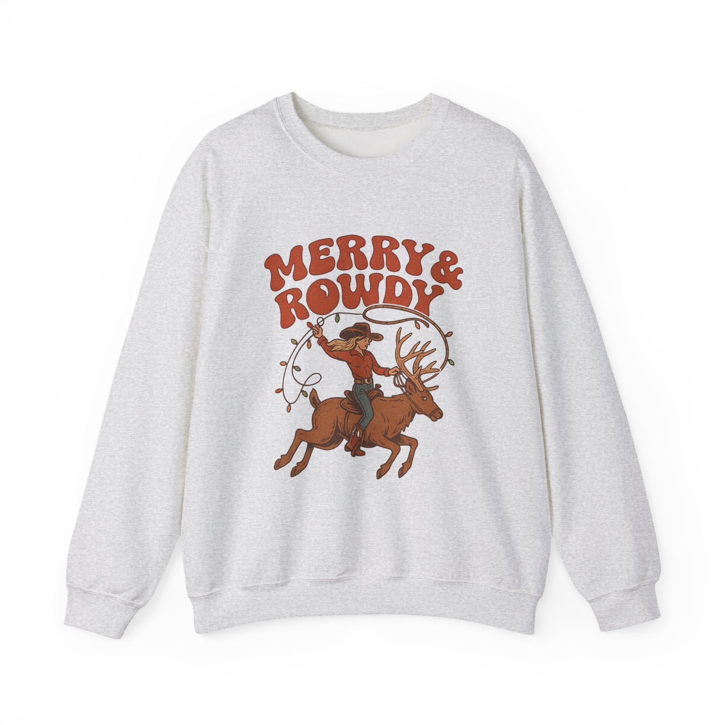 Merry & Rowdy Christmas PNG | Western Cowgirl Riding Reindeer | Retro Rodeo Christmas Shirt Design | Country Christmas Sublimation |