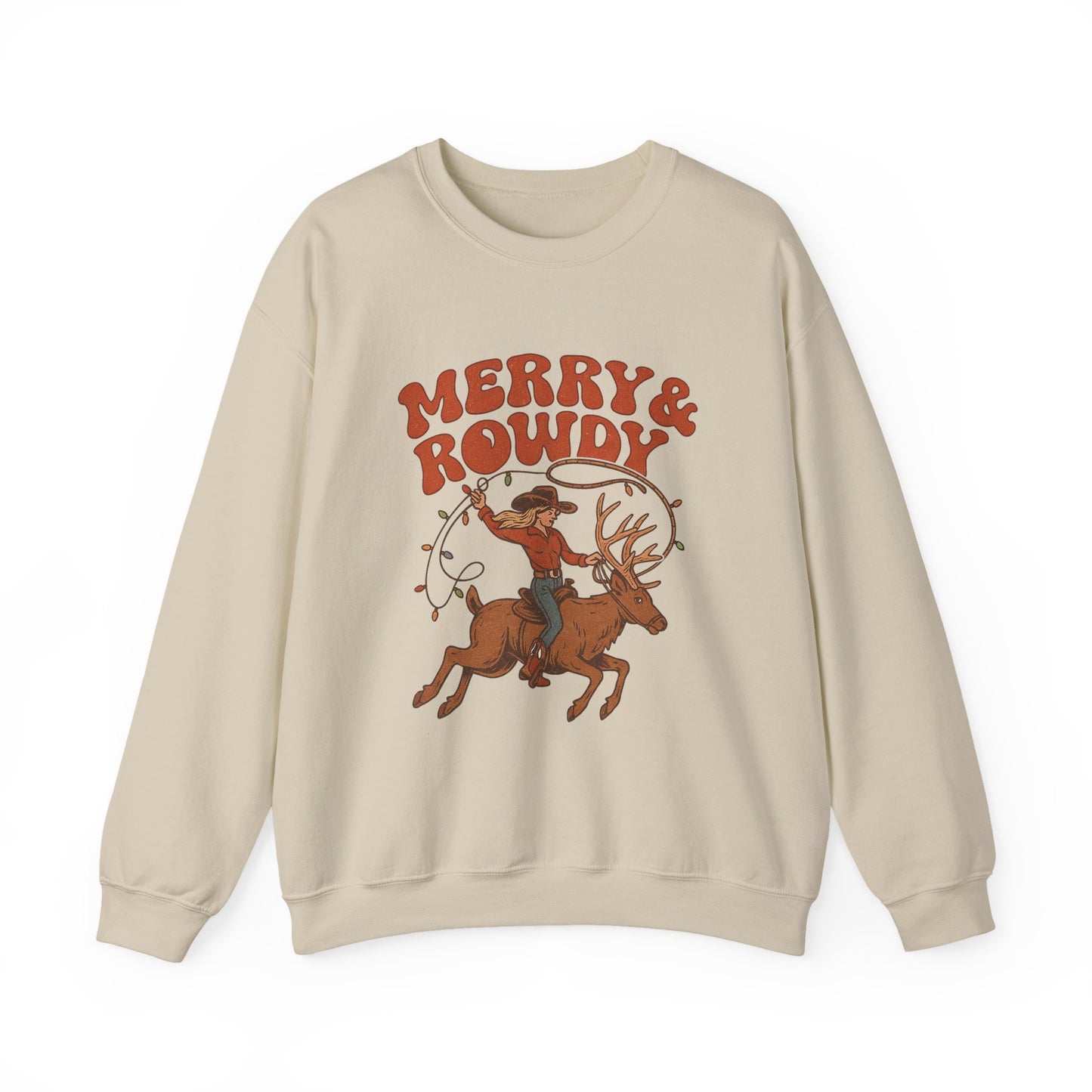 Merry & Rowdy Christmas PNG | Western Cowgirl Riding Reindeer | Retro Rodeo Christmas Shirt Design | Country Christmas Sublimation |