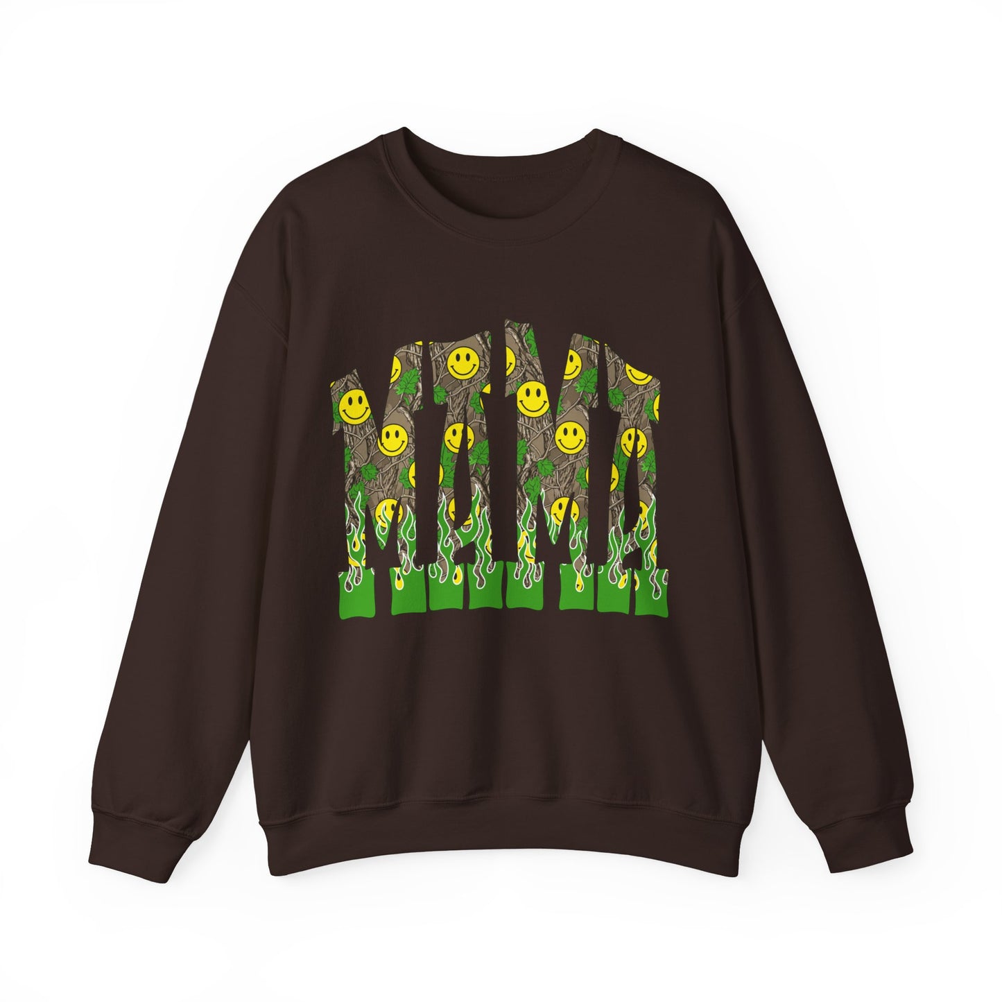 Crewneck Sweatshirt — Camo Smiley 'MAMA' Graphic