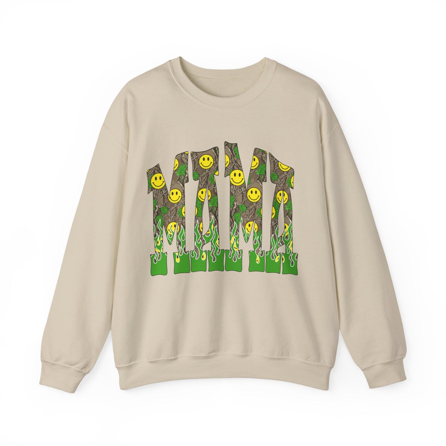 Crewneck Sweatshirt — Camo Smiley 'MAMA' Graphic