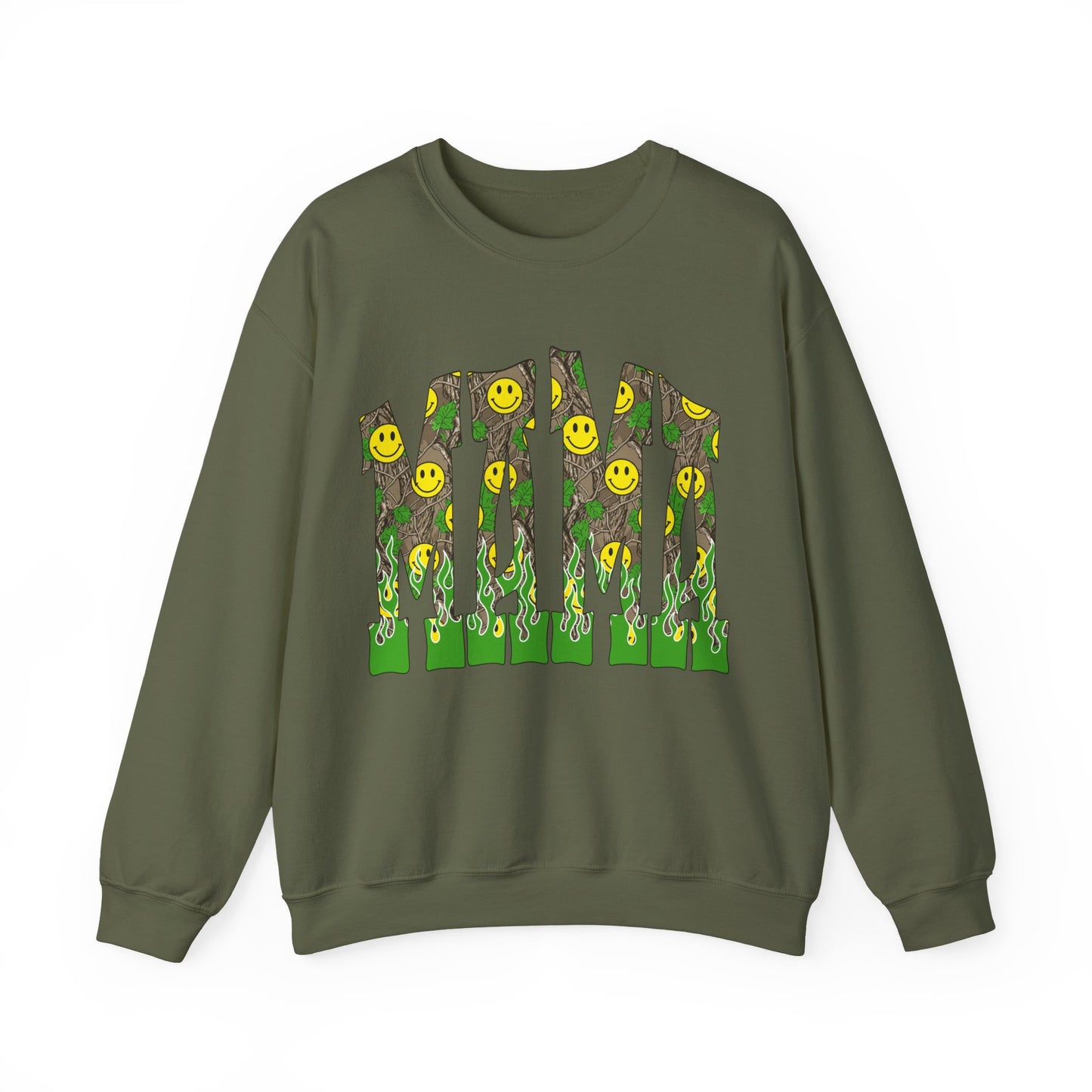 Crewneck Sweatshirt — Camo Smiley 'MAMA' Graphic