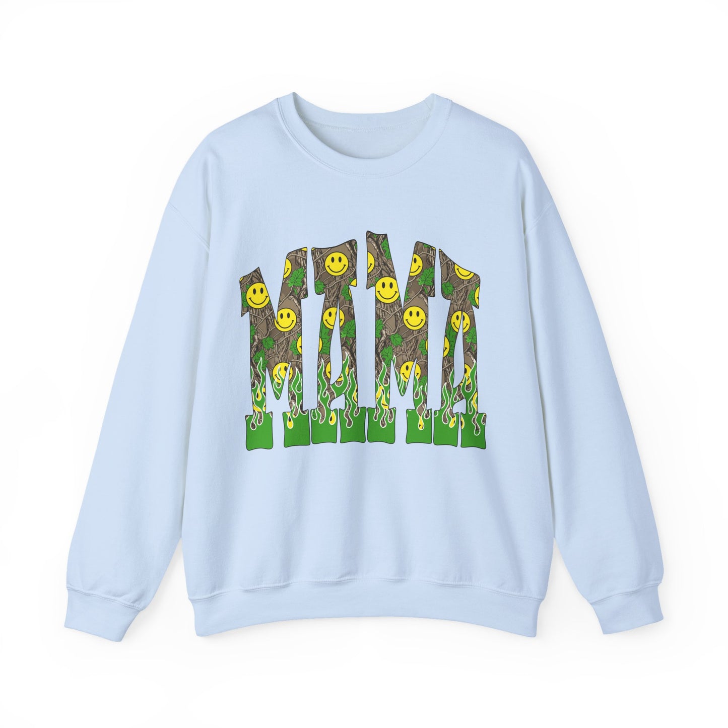Crewneck Sweatshirt — Camo Smiley 'MAMA' Graphic