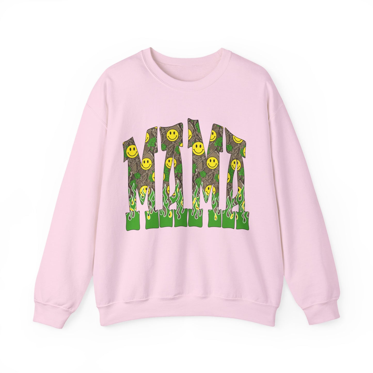 Crewneck Sweatshirt — Camo Smiley 'MAMA' Graphic